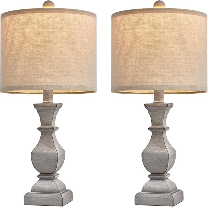 PoKat 20.5'' Table Lamps Set of 2, Vintage Bedside Lamps for Bedroom, Farmhouse Lamp for Living Room, Small Lamp for Nightstand, Retro Side Table Lamp, Grey
