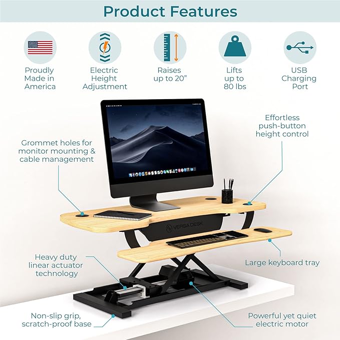 VRSADESK PowerPro™ Electric Standing Desk Converter - Height Adjustable Desk Riser with Keyboard Tray & USB Hub - Holds 80 lbs - Ergonomic Sit Stand Workstation for Home & Office | Maple (40” x 24”)
