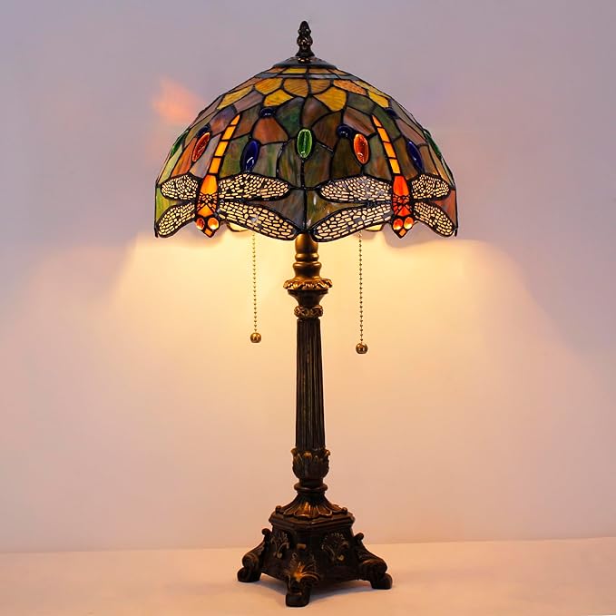 Tiffany Table Lamp Brown Yellow Stained Glass Desk Lamp 12X12X21 Inches Dragonfly Style Reading Light