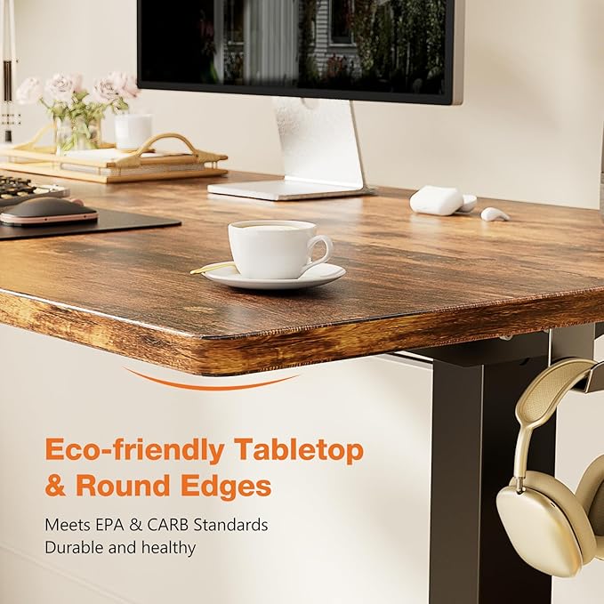 Sweetcrispy Standing Adjustable Height Desk, Electric 63 x 24 Inch Stand Up Rising Computer Gaming Table with 3 Memory Presets, Splice Board, T-Shaped Bracket Home Office Workstation, Rustic Brown