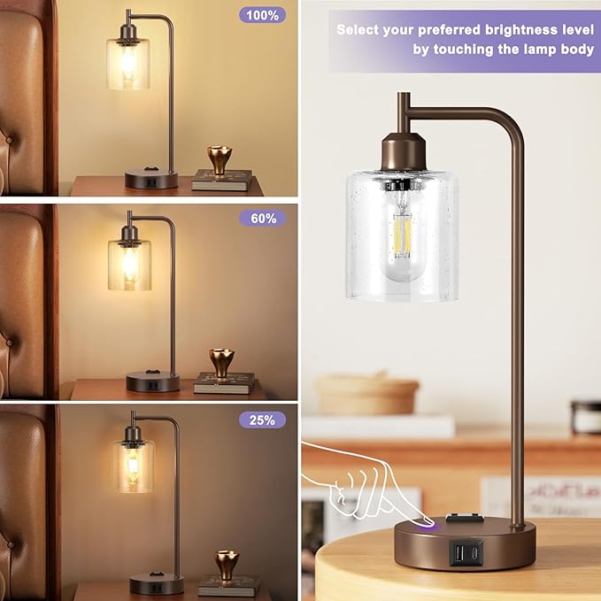 Innqoo Industrial Touch Table Lamps - 3-Way Dimmable Desk Lamps Set of 2 with USB C+A Ports and Outlet, Brown Bedside Lamps with Clear Glass Shade for Living & Bedrooms