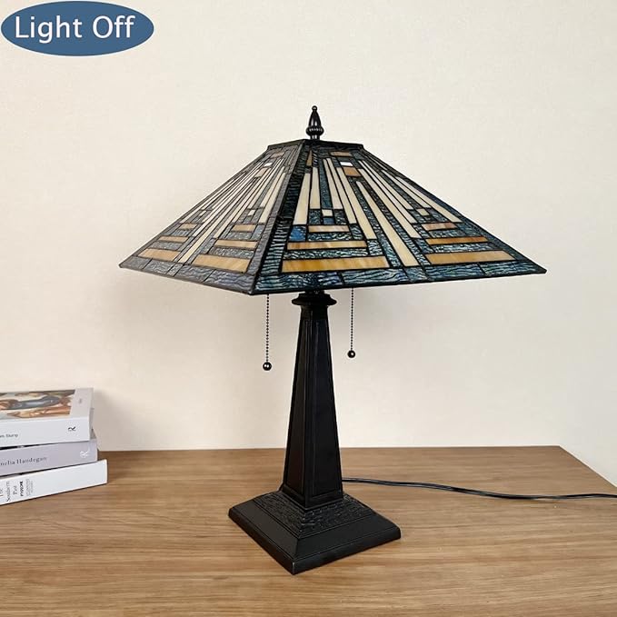 Tiffany Table Lamps 16" Wide Handmade Stained Glass Desk Lamp for Reading 2 Lights Blue Mission Style Antique Table Light for Living Room Bedroom Home Office