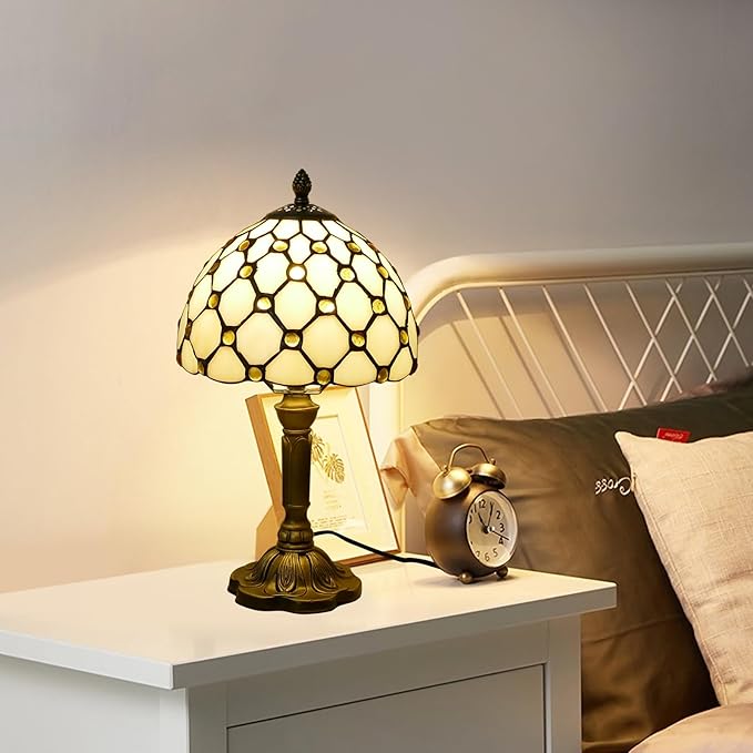 Tiffany Style Table Lamp Beige Beads Vintage Bedside Table Light Desk Lamps Accent Small Lamp 14" Tall 8" Wide Reading Lamp with Color Changing LED Bulb