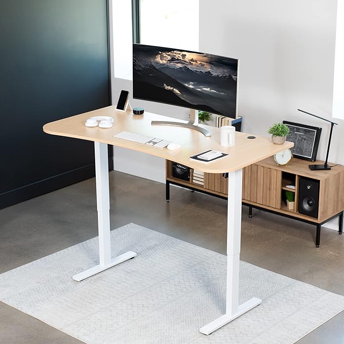 VIVO Electric 63 x 32 in Standing Desk, Memory Height Adjustment, 1B Series, Light Wood Top White Frame, DESK-KIT-1W1C