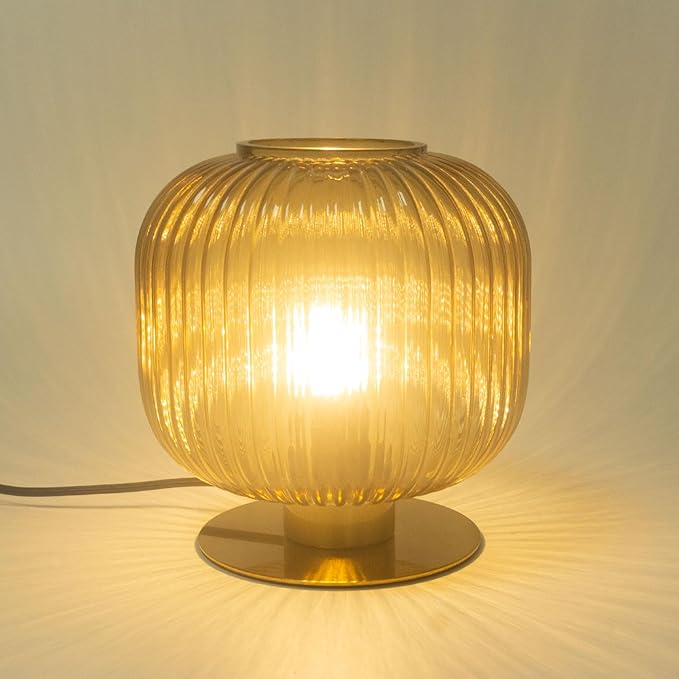 Ribbed Glass Table Lamp, Mid Century Modern Gold Bedside Lamp Brass Desk Lamp for Bedroom Nightstand Living Room Study Office (7.9-inch Smoke Gray)