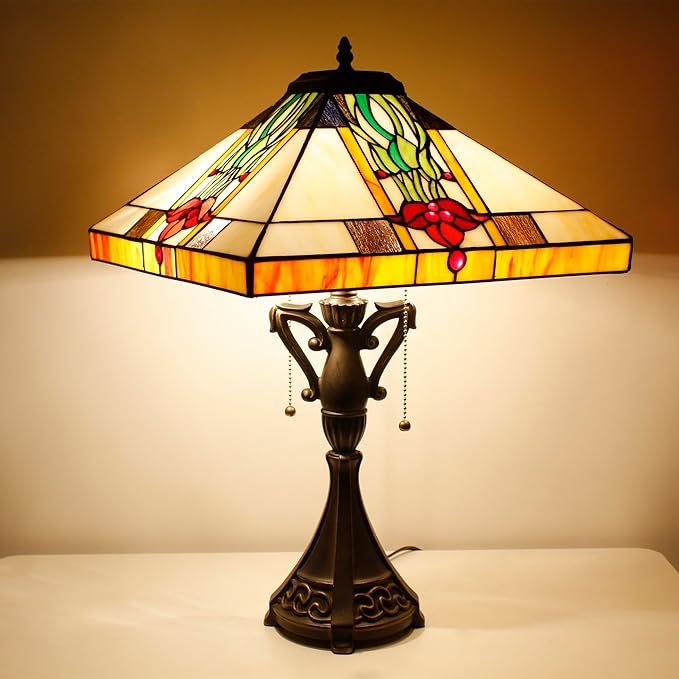 Tiffany Table Lamp Stained Glass Tulip Flower Square Geometric Mission Style Desk Reading Light 16X16X24 Inch for Bedroom Living Room Home Office