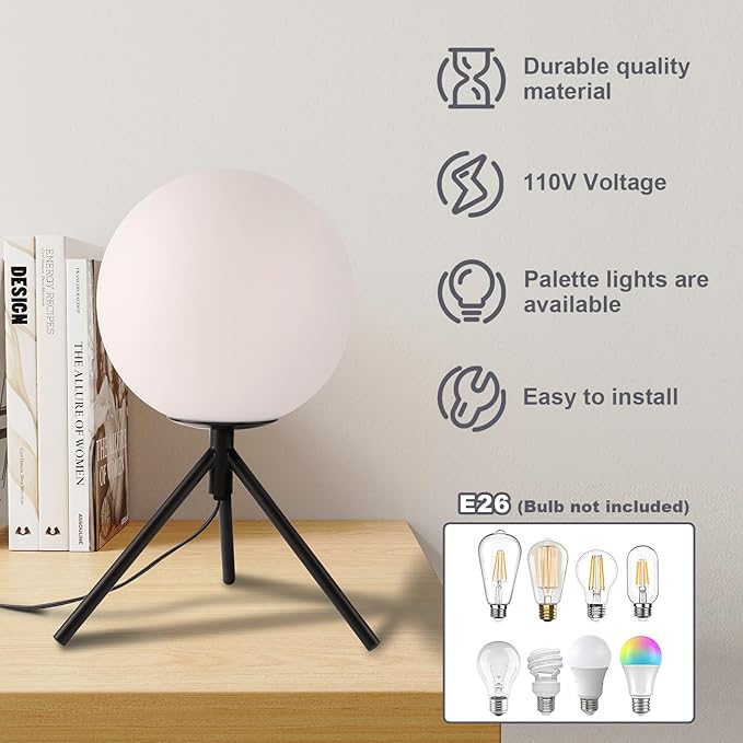 Modern Globe Table Lamp Milk White Glass Table Lamp Small Bedside Lamp Nightstand Lamp with Black Tripod Base Minimalist Ball Reading Desk Lamp for Bedrooom Living Room Office Study Room