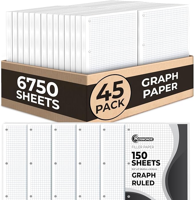 Rosmonde 6750 Sheets Graph Paper Bulk, 45 Pack, Bulk Loose Leaf Paper, 4x4, 8" x 10.5", Bulk Grid Paper, Thick Graphing Paper, Fights Ink Bleed, 3 Hole Punched, Quad Ruled Sheets, Bulk School Supplies