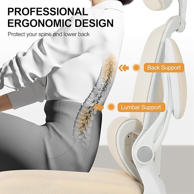 Ergonomic Office Chair,Home Mesh Office Desk Chairs,High Back Chair 330 LBS,Swivel Computer Task Chair with Adjustable Lumbar Support,Up&Down Flip-Up Arms,Rocking Function (Beige)