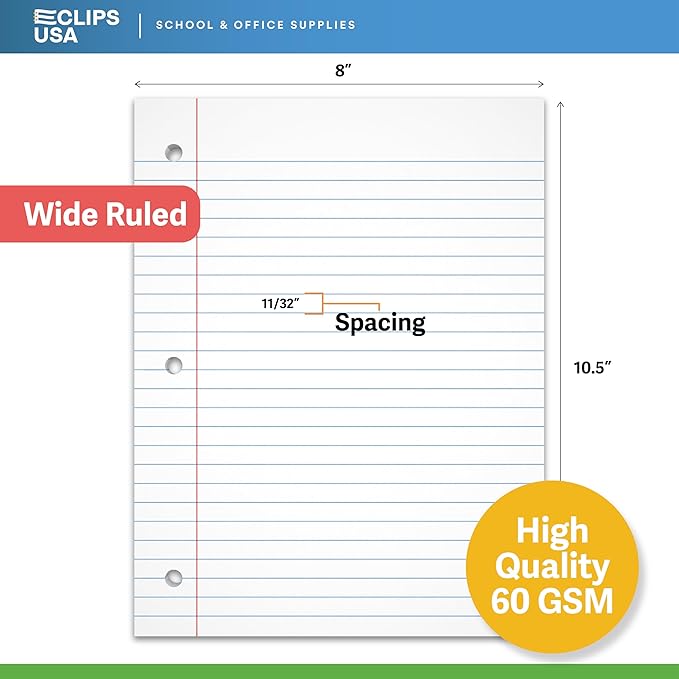Notebook Paper, Loose Leaf Paper, Wide Ruled Paper, 10.5? x 8?, Filler Paper, 100 Sheets Per Pack, 60 gsm (6 Pack)