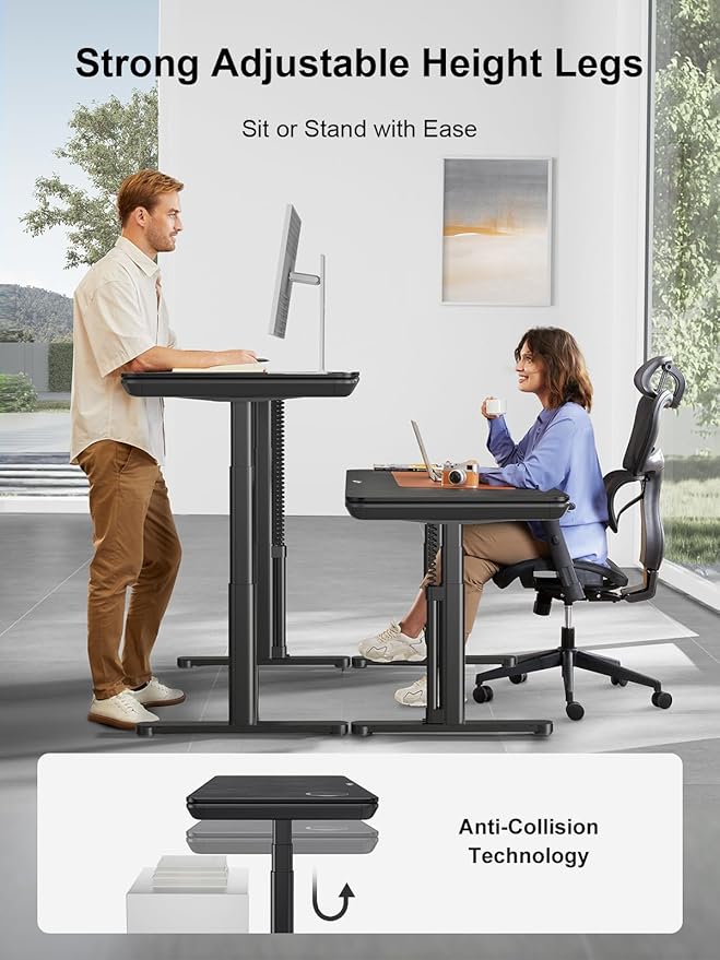 Smart Executive Electric Standing Desk, Wireless Charging, with Storage Drawer, Hidden Power Strip, Galaxy Glass