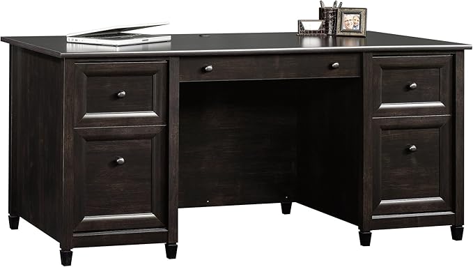 Sauder Edge Water Executive Desk, Double Ped Desks, Roomy Workspace - Estate Black Finish