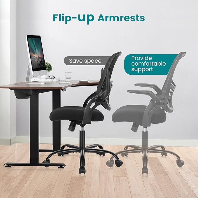 SMUG Office Computer Desk Chair, Ergonomic Mid-Back Mesh Rolling Work Swivel Task Chairs with Wheels, Comfortable Lumbar Support, Comfy Flip-up Arms for Home, Bedroom, Gaming, Study, Student, Black