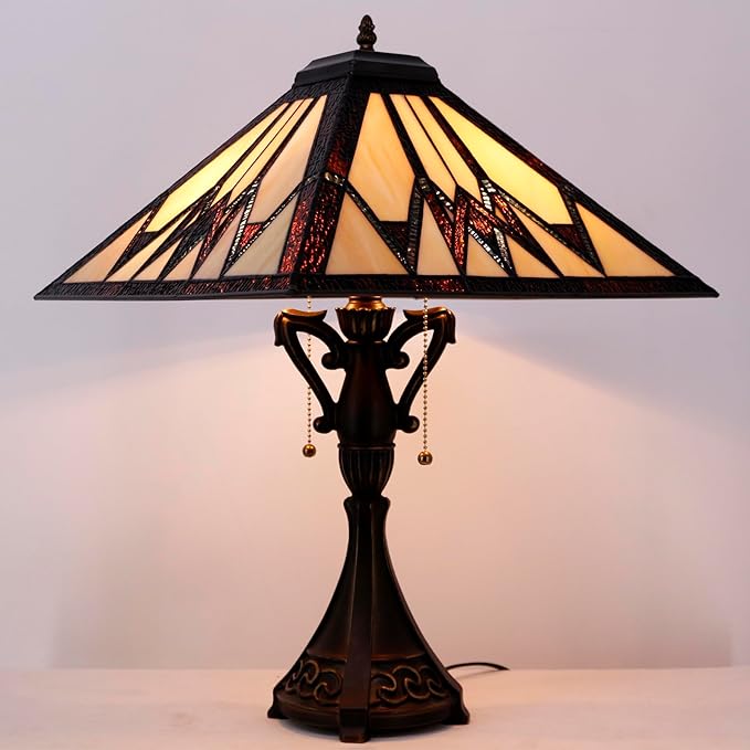 Tiffany Table Lamp Stained Glass Cream Amber Square Geometric Mission Style Desk Reading Light 16X16X24 Inch for Bedroom Living Room Home Office
