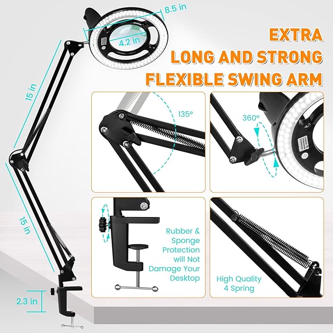 10X Long Magnifying Glass with Light, 2200 Lumen & 24W Stepless Dimming LED Magnifying Lamp with Clamp, Adjustable Swing Arm Lighted Magnifier Light, Hands Free Craft Lamp for Hobby Repair Reading