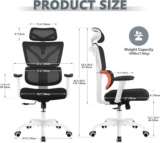 Winrise Office Chair Ergonomic Desk Chair, High Back Gaming Chair, Big and Tall Reclining chair Comfy Home Office Desk Chair Lumbar Support Breathable Mesh Computer Chair Adjustable Armrests(W-Orange)