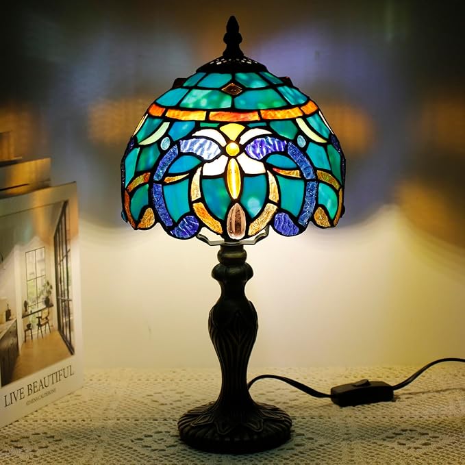 Small Tiffany Lamp Stained Glass Table Lamp Mini Desk Accent Light for Bedroom Bedside Reading Home Antique Style Decor 8X15 Inches (Brown Jewelry Baroque)