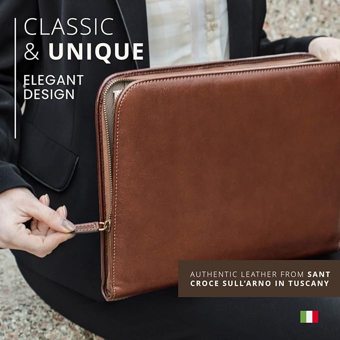 Premium Maruse Leather Portfolio Padfolio - Executive Folio for Men and Women with Zipper, Folio Document Organizer, Laptop Sleeve, iPad Case and Folder - Made in Italy, Black