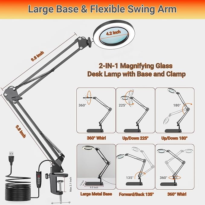 15X Magnifying Glass with Light – Real Glass Lens, 72 LEDs, 3 Color Modes Stepless Dimmable, Adjustable Swing Arm with Clamp and Base, Hands-Free Magnifier for Crafts, Reading, Repair, Close Work