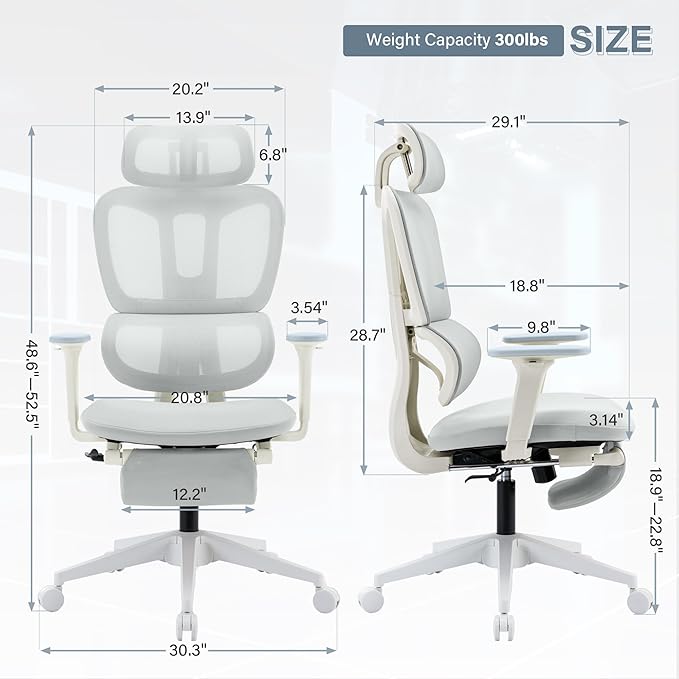 Ergonomic Office Chair with Footrest, High Back Computer Office Chair with Dynamic Lumbar Support, 2D Headrest, 2D Armrest, Sponge Seat, Mesh Home Office Desk Chair for Adults, Light Grey