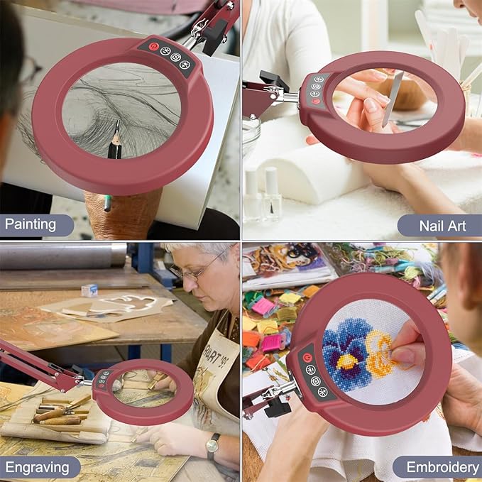 10X Magnifying Glass with Light and Stand, Upgrade Button 5 Color Modes Stepless Dimmable, 2-in-1 LED Lighted Magnifier Light, Hands Free Desk Lamp with Clamp for Craft Hobby Close Work - Red
