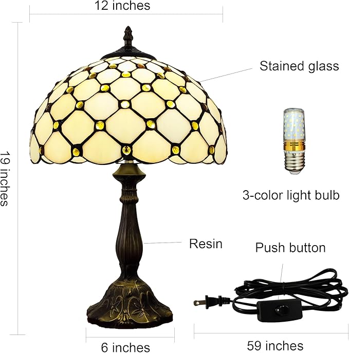 Tiffany Lamp Stained Glass Table Lamp - Antique Bedside Desk Reading Light With 3-Way Color LED - Living Room Nightstand 12X12X19 Inches - Home Office Desk Lamp - Cream White Pearls Style