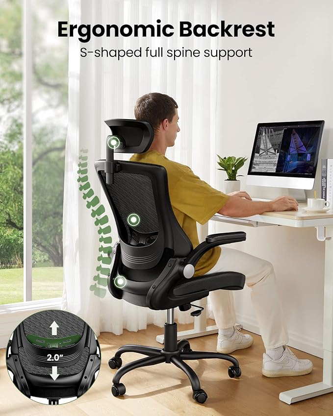 Marsail Office Chair Ergonomic Desk Chair, 360°Swivel Mesh Back Wide Computer Chair PU Leather Criss Cross Chair,Adjustable Lumbar Support & Flip-up Armrests,Adjustable Height Executive Task Chair