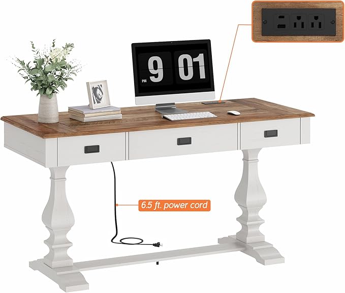 WAMPAT 60-inch Vintage Wood Home Office Desk with Stable Solid Wood Pedestral Legs, Tradional Rustic Writing Table Executive Desk with Deep Drawers and Power Outlets for Office,Study,Antique White