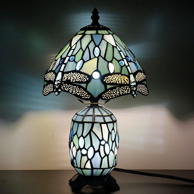 Small Tiffany Lamp Stained Glass Table Lamp Mini Mother Daughter Vase Desk Accent Light for Bedroom Bedside Reading Home Antique Style Decor 8X14 Inches (Sea Blue Dragonfly)