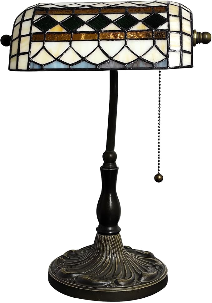 Small Tiffany Style Banker Table Lamp Small Stained Glass Piano Desk Lamp Vintage Bedside Lamp for Home Living Room Office (White-Green Checkered)