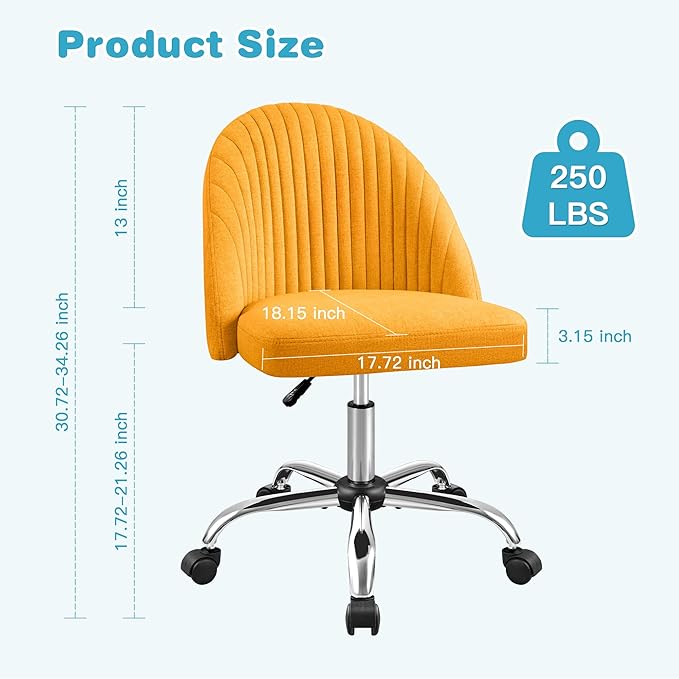 Furniwell Office Chair Armless Cute Desk Chair Modern Adjustable Swivel Padded Fabric Vanity Task Computer Chair Home Office Desk Chairs with Wheels (Yellow)