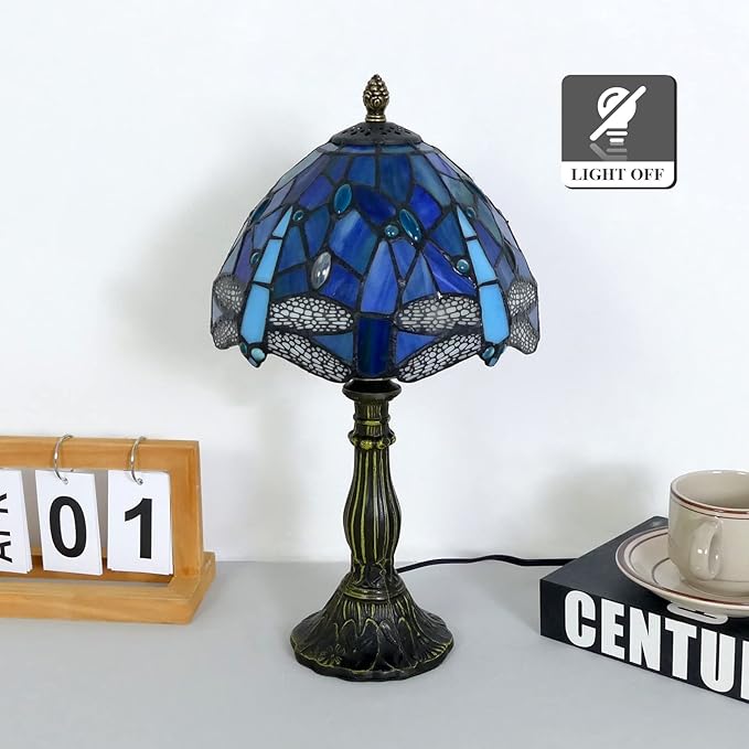 Tiffany Lamp Sea Blue Stained Glass Table Lamp 8X8X15 Inches Dragonfly Style Desk Reading Light Decor Beside Table Lamp for Bedroom Living Room Home Office