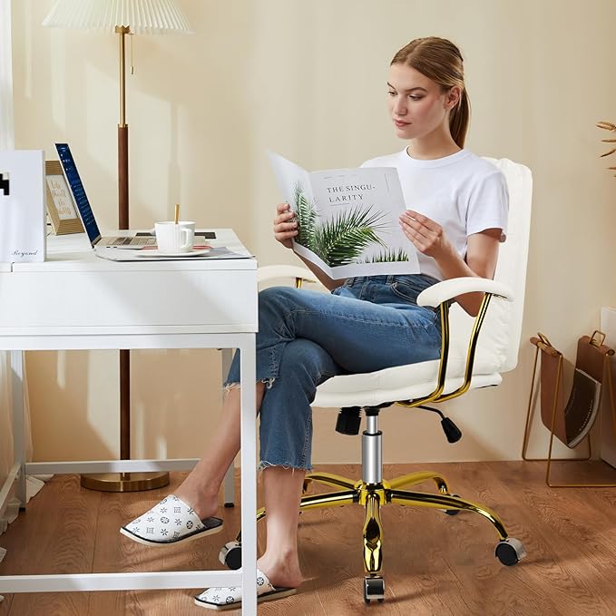 Leather Home Office Desk Chair, Mid-Back Vanity Chair Make Up Chair with Gold Wheels and Armrests, Rolling Swivel Computer Task Chair for Office Bedroom Living Room Girls Women, White, 8 Pack