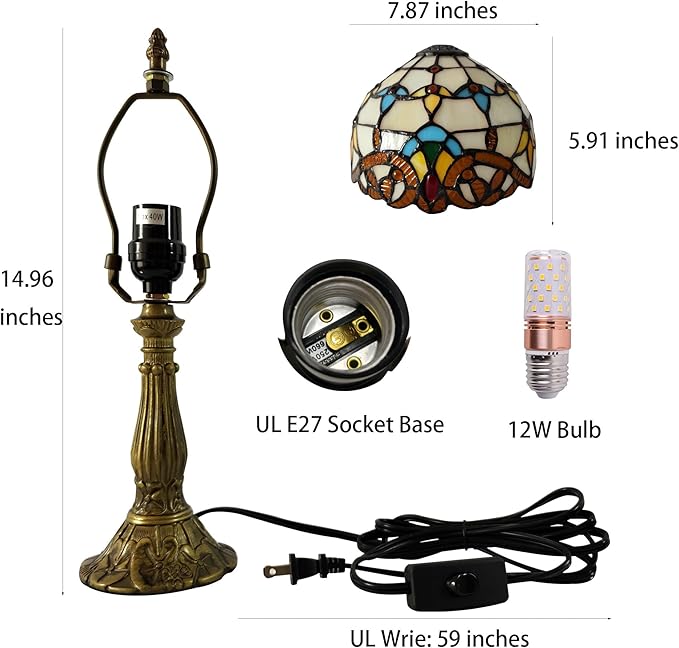Small Tiffany Table Lamp 8 Inch Tiffany Style Desk Lamp Stained Glass Antique Light Decoration Bedroom Bedside Lamp Retro Reading Lamps (Beige Baroque Style)