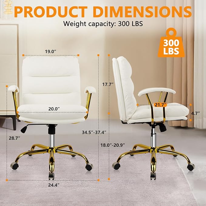 Leather Home Office Desk Chair, Mid-Back Vanity Chair Make Up Chair with Gold Wheels and Armrests, Rolling Swivel Computer Task Chair for Office Bedroom Living Room Girls Women, White, 8 Pack