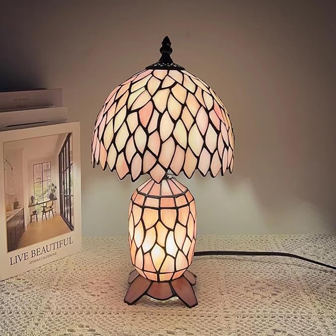 Small Tiffany Lamp Stained Glass Table Lamp Mini Mother Daughter Vase Desk Accent Night Light for Bedroom Bedside Reading Home Antique Style 8X14 Inches (Pink Wisteria)