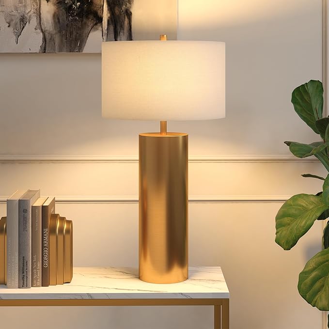 Henn&Hart 29.5'' Mid-Century Modern 1-Light Table Lamp with White Fabric Drum Shade for Living Room, Bedroom, or Office, Brass
