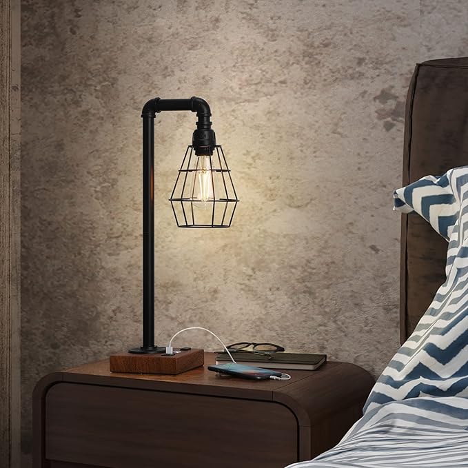 Industrial Touch Control Table Lamp, LED Bulb Included, 3 Way Dimmble Lamp with 2 USB Ports and AC Outlet, Bedside Nightstand Desk Lamps with Metal Cage Shade for Bedroom Living Room Farmhouse