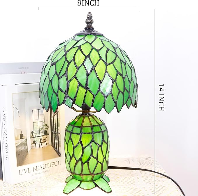 Small Tiffany Lamp Stained Glass Table Lamp Mini Mother Daughter Vase Desk Accent Night Light for Bedroom Bedside Reading Home Antique Style 8X14 Inches (Green Wisteria)