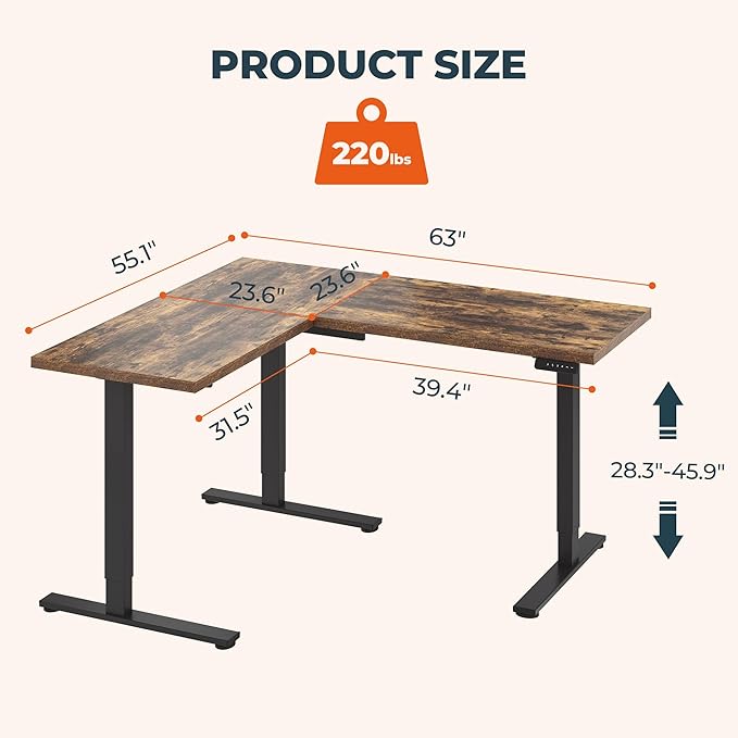 L-Shaped Standing Desk, 63 x 55 Inches Height Adjustable Desk with Storage, Sit and Stand up Desks, Ergonomic Rising Computer Table for Home Office with Splice Board, Rustic Brown