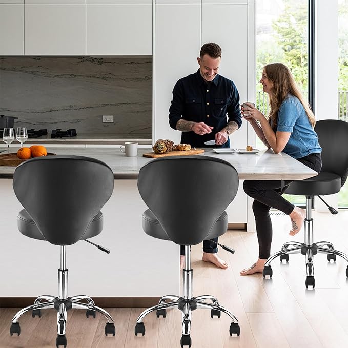 Pu Leather Round Rolling Swivel Salon Stool Chair, with Adjustable Height and Back Support for Office Massage Facial Spa Medical Drafting Tattoo Beauty Barber Black 4PK