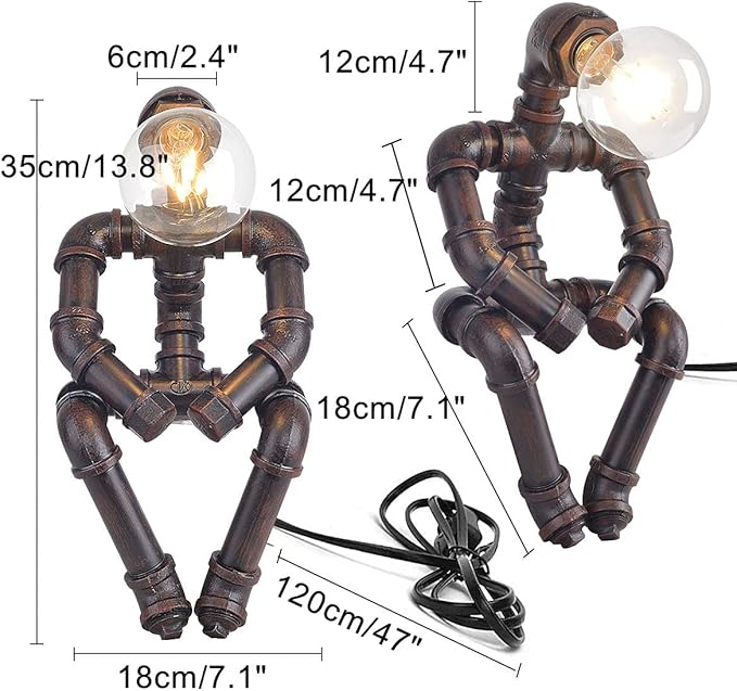 Water Pipe Table Lamp Robot Style- Retro Industrial Table Light- Antique Steampunk Metal Desk Lamp Bedside Lighting Fixture for Office, Reading Kids Room, Cafe Bar (Rust-Style B)