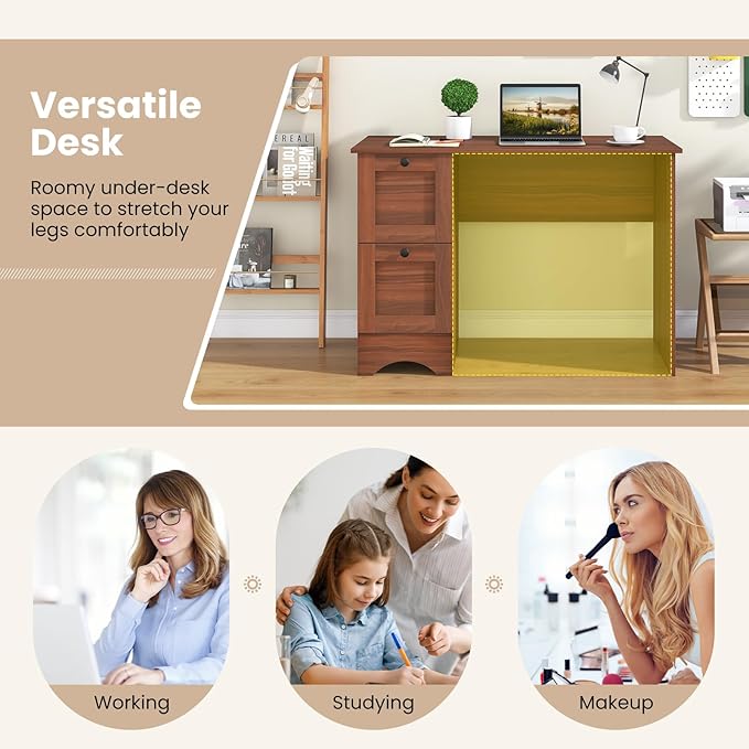 Tangkula Computer Desk with Drawers & Charging Station, Wooden Home Office Desk PC Laptop Notebook Desk, Compact Study Desk Writing Desk, Computer Workstation Ideal for Home & Office