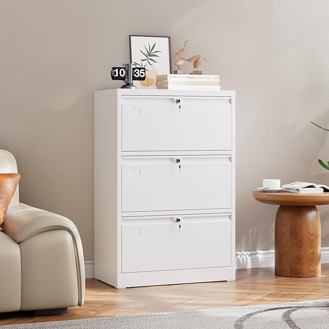 METAN Upgrade Metal 3 Drawer Lateral Files Cabinet for Home Office, Lockable Steel Wide File Storage Cabinet for Hanging Legal/Letter A4 Size, Assembly Required,White