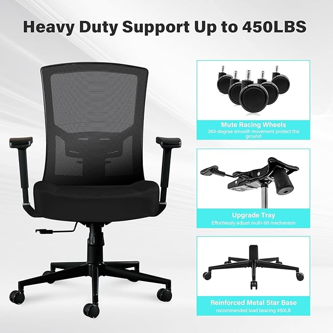 Blue Whale Big and Tall Office Chair 450lbs, Ergonomic High Back Computer Desk Chair for Heavy People with 2D Adjustable Waist Support and Heavy Duty Metal Base Mesh Chair