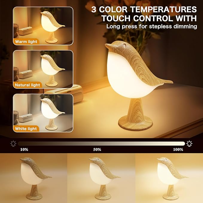 VViN 2 in 1 Small Desk Lamp, Bird Cordless Table Lamp with 3 Color Temperature Dimmer and Touch Sensor - Rechargeable Battery Night Light for Kids, Bedroom, Bedside, and Outdoor Use
