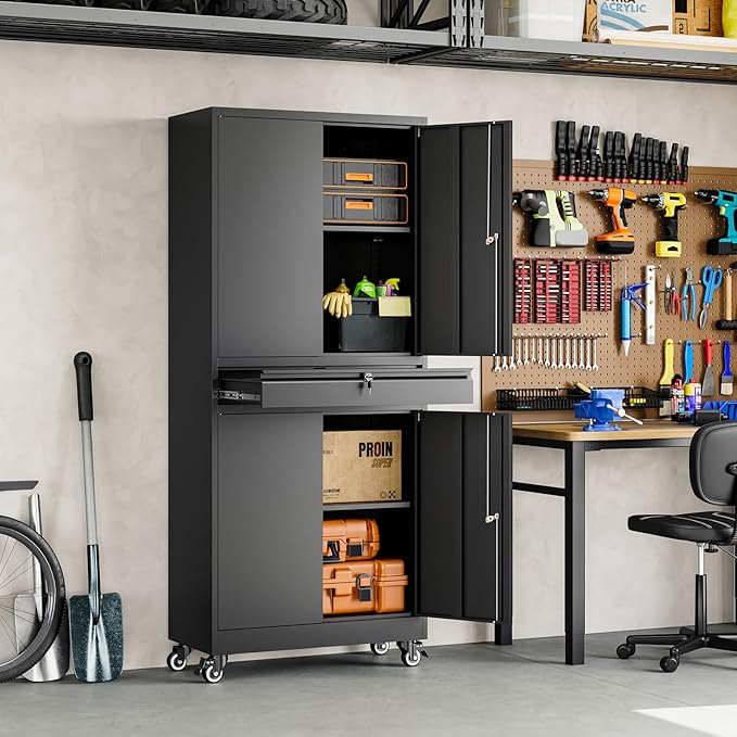 Yizosh Metal Garage Storage Cabinet with Locking Doors and Adjustable Shelves, 73" Rolling Tool Storage Cabinet with 4 Wheels and 1 Drawer for Garage,Warehouse (Black)