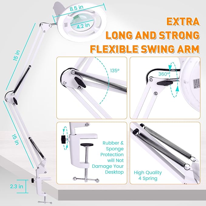 10X Magnifying Glass with Light and Stand, NUEYiO 2200 Lumens Stepless Dimming LED Magnifier Lamp, Adjustable Swing Long Arm Magnifying Light, Hands Free Craft Lamp for Projects Soldering Workbench