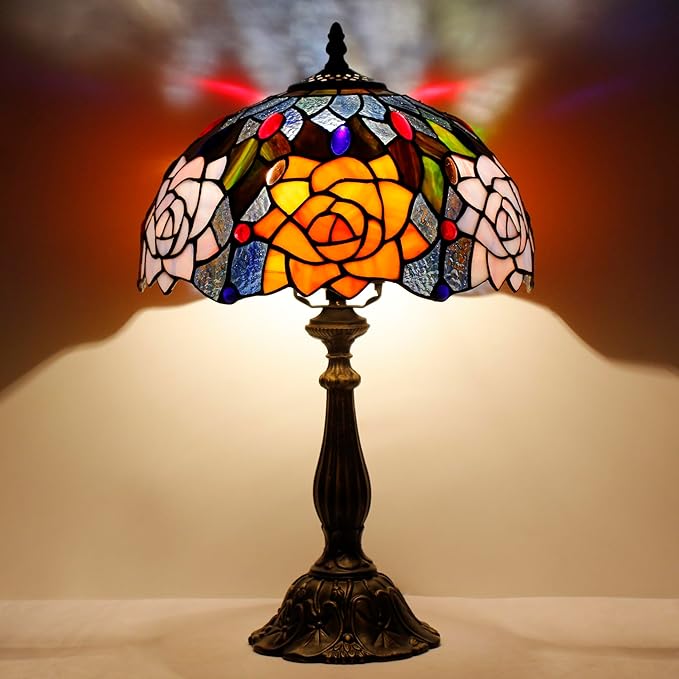 Tiffany Lamp Touch Control Table Lamp Orange Purple Stained Glass Desk Lamp 12X12X19 Inches Rose Flower Style Reading Light