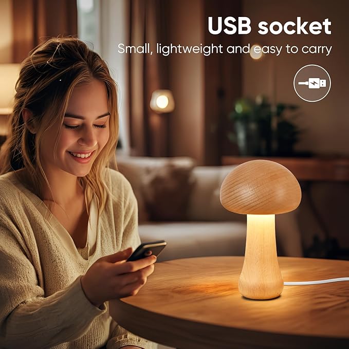 LED Creative Mushroom Table Lamp, Wood Desk Lamp, Bedroom Bedside Night Light, Dimmable Led Lighting, Creative Home Decor Table lamp, Unique House warmging Gift